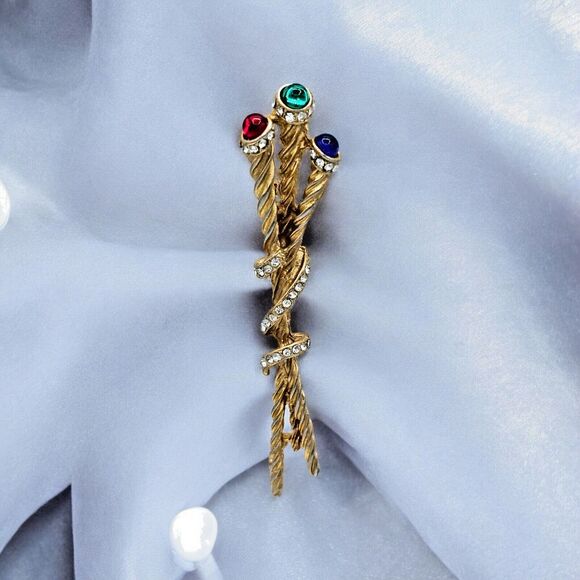 Vintage Gripoix Brooch Royal Scepter Ornamented Staff Red Green Blue Jeweled Pin - Picture 5 of 10